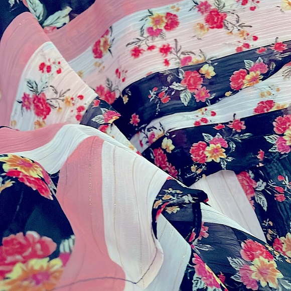 Kensie multicolor stripe floral patchwork chiffon lined midi maxi ruffle size 2 - Picture 15 of 15